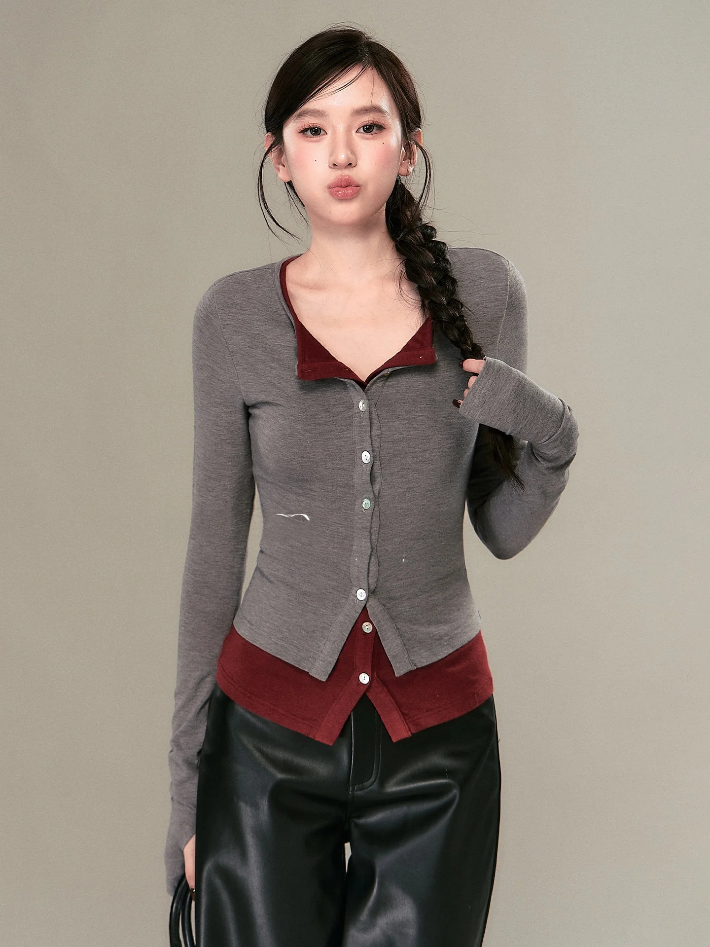 

OIOI E Women's Long Sve Knitted Sweater Fake Two-Piece Color Blo Open Cardigan Slim Fit Autumn Winter Faion Top