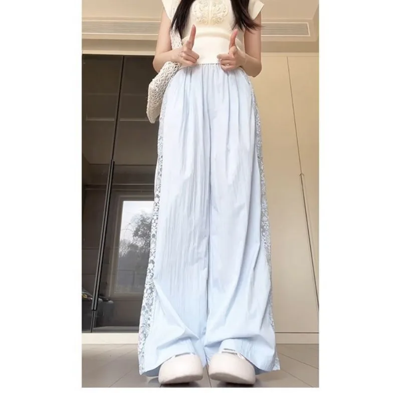 ホワイトレースパッチワーク透かしワイドレッグ春夏新作ルーズミルククリームレジャーパンツ