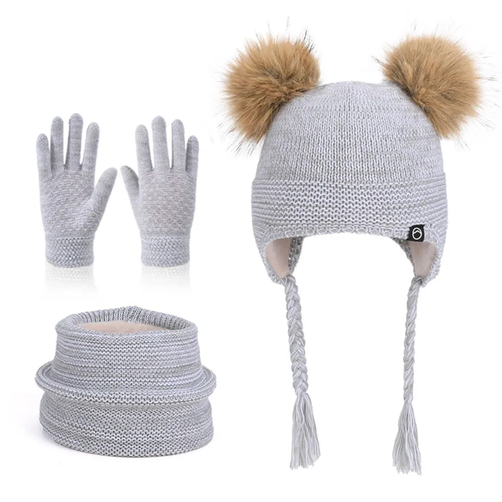 

Fashion Warm Winter Hat Scarf Gloves Set Windproof Pompom Knitted Hats Soft Thicken Scarf Cap Outdoor