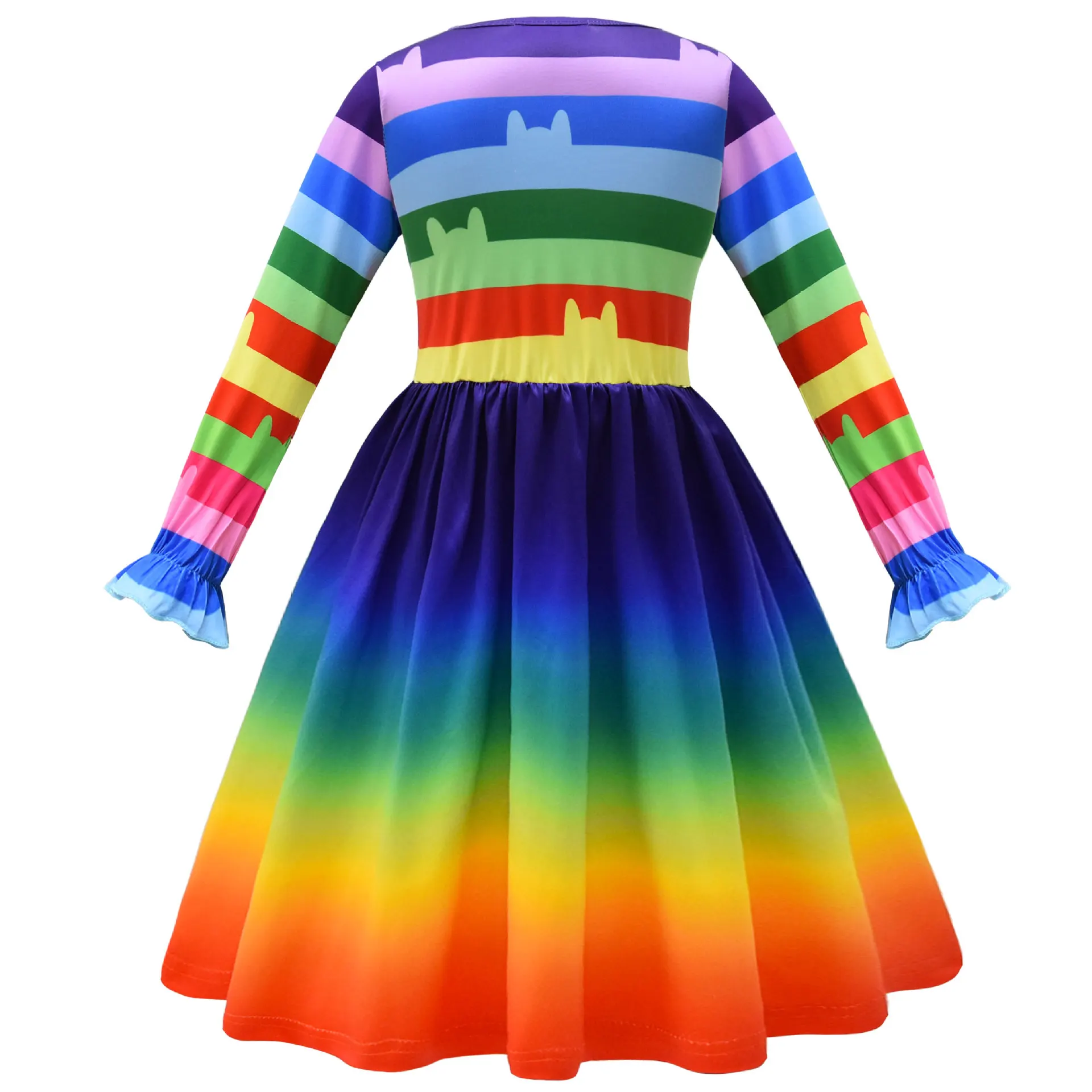 Kids Girls Anime Cartoon Rainbow Princess Long Sleeves Dress Outfit Halloween Cosplay Costume