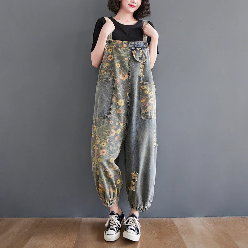 Large Size Print Denim Jumpsuit Spring/Summer 2025 New Women's Versatile Harem Pants Fashion Pocket Loose Jeans Overalls