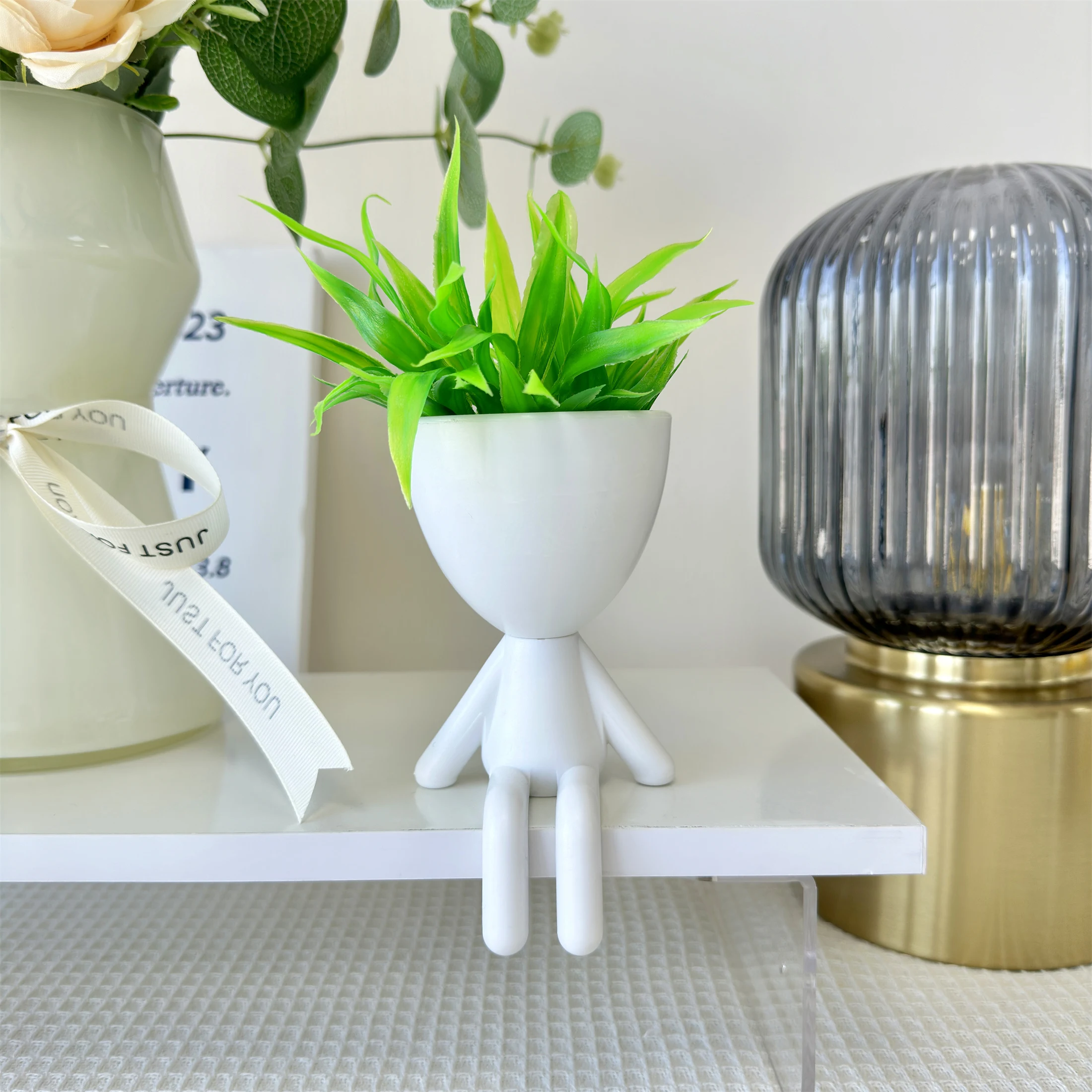 1Pc Cute Succulents Plants Artificial Plants with Human Shaped Plastic Pots, Fake Plants for Shelves, Bathroom and Office Decor
