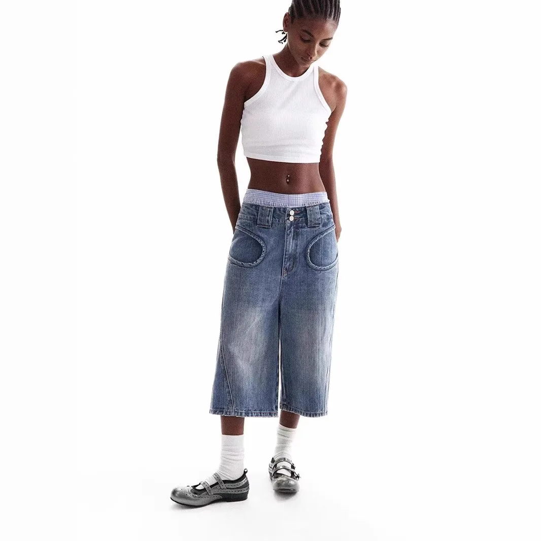Vintage Low Waist Denim Capris Women Hollow Pocket Wide Leg Culottes Streetwear