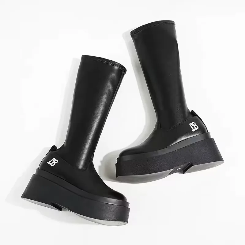 Botas hasta el muslo con cuña para mujer, botines hasta la rodilla con plataforma, color negro, estilo Punk, a la moda, otoño e invierno, 2023