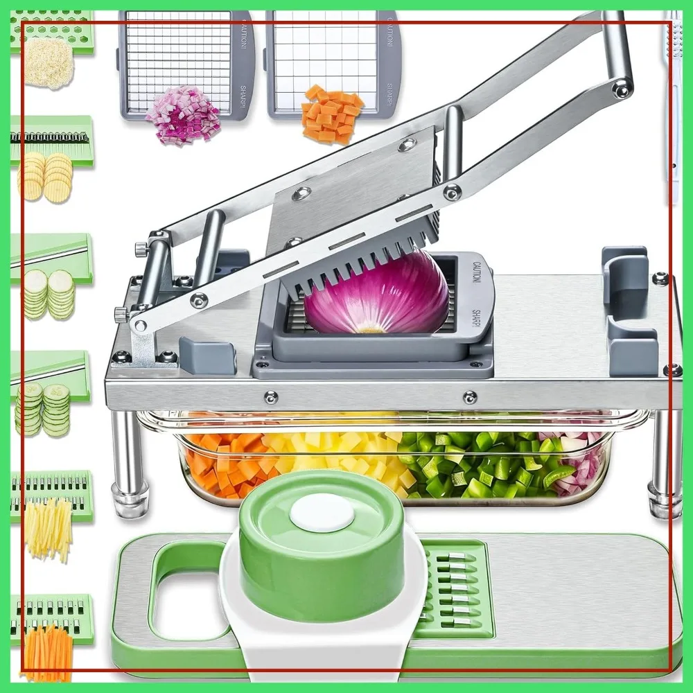 

All-in-1 Vegetable Chopper with 8 Blades - Mandoline Slicer, Food Chopper with Container, Veggie Dicer, French Fry Cutter, Cheese Grater, Stainless Steel