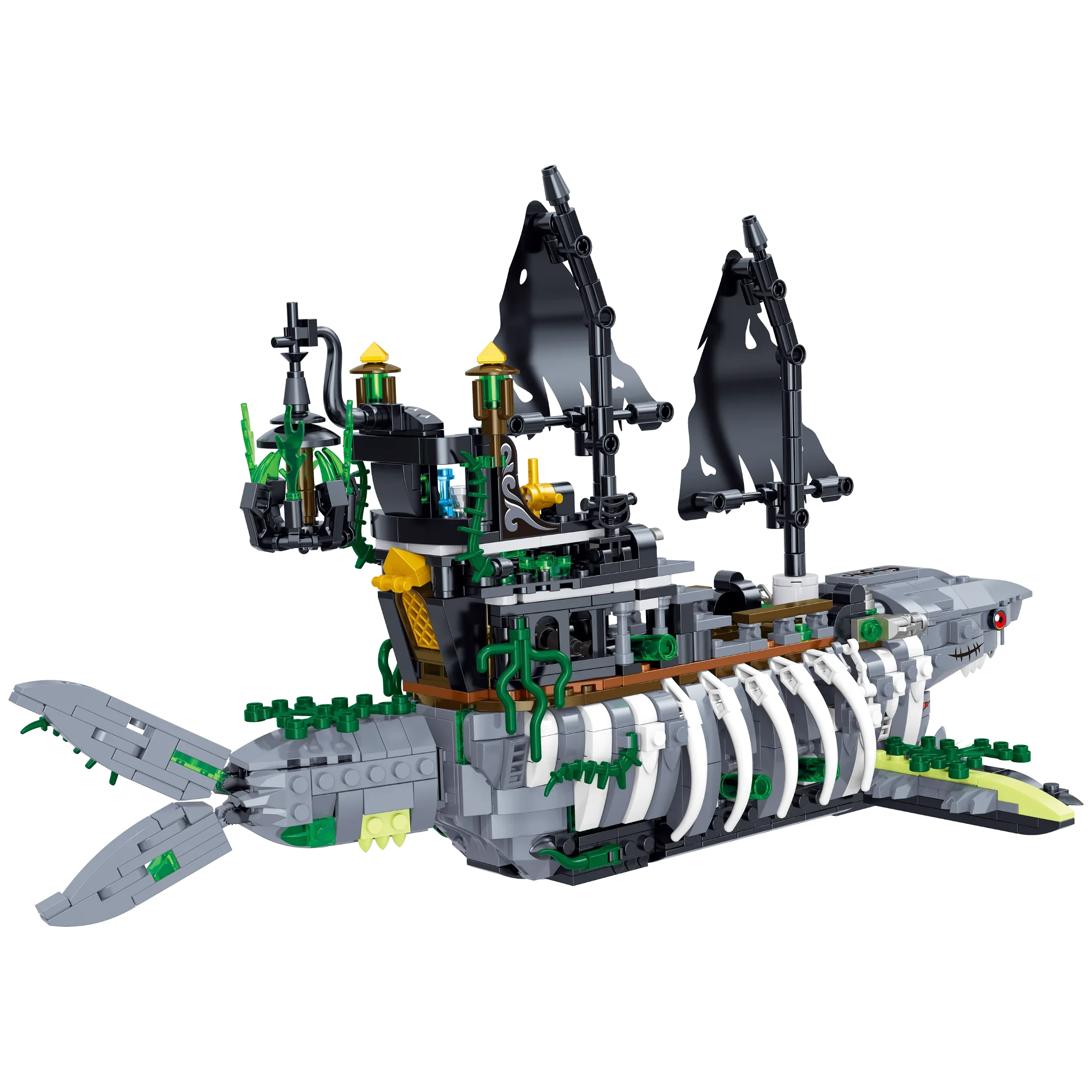 

1155PCS Shark Pirate Ship Building Blocks Creative Sea Shark Ghost Ship Model Bricks With Light Kids Educational DIY Toy Gifts