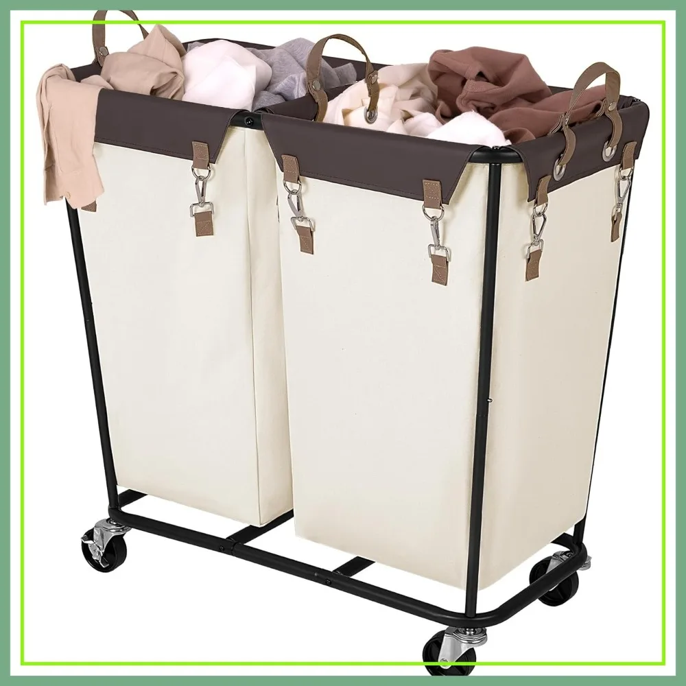 

280L Large Laundry Hamper with Wheels, 2-Section Clothes Sorter Cart with Divider for Hotel, Home, Beige