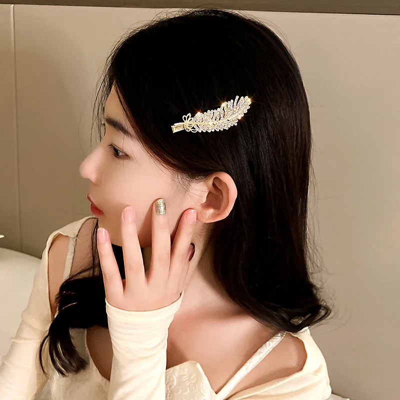 Korean Inlaid Rhinestone Feather Hair Clip Fashion Flash Diamond Duckbill Clip Temperament Side Clip Hair Accessories