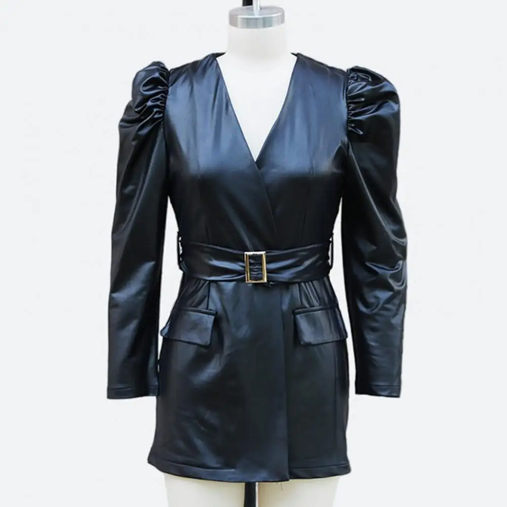 Fall Short Dress Elegant V Neck Faux Leather Mini Dress with Bubble Sleeves Belted Waist for Women for Office Shopping Commuting