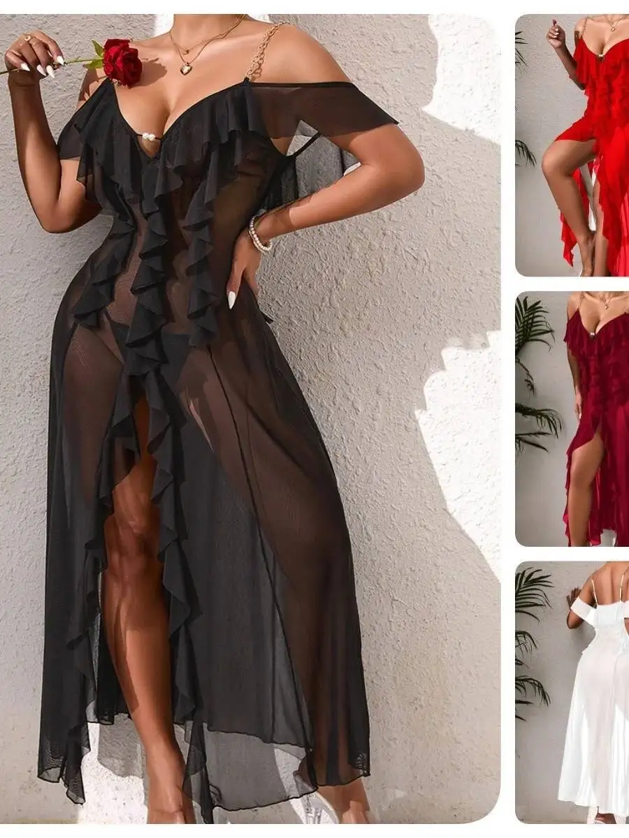 Solid Color Mesh Nightdress With Metal Chain Straps Plus Size Multi-color Loungewear Dress Pure Desire Charming Transparent X8V9