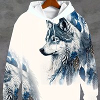 Men's Retro Style Wolf And Feather Pattern Hooded Sweatshirt With Drawstring And Kangaroo Pocket, Sports Hoodie For Fall