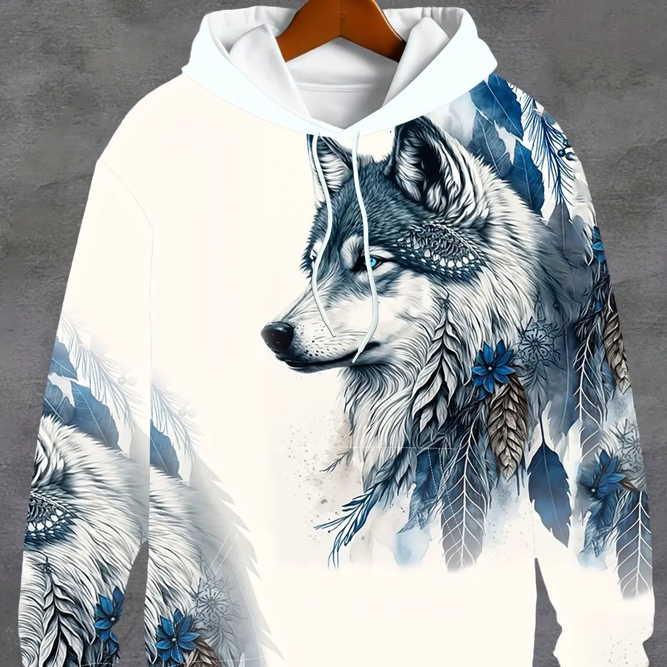 Men's Retro Style Wolf And Feather Pattern Hooded Sweatshirt With Drawstring And Kangaroo Pocket, Sports Hoodie For Fall