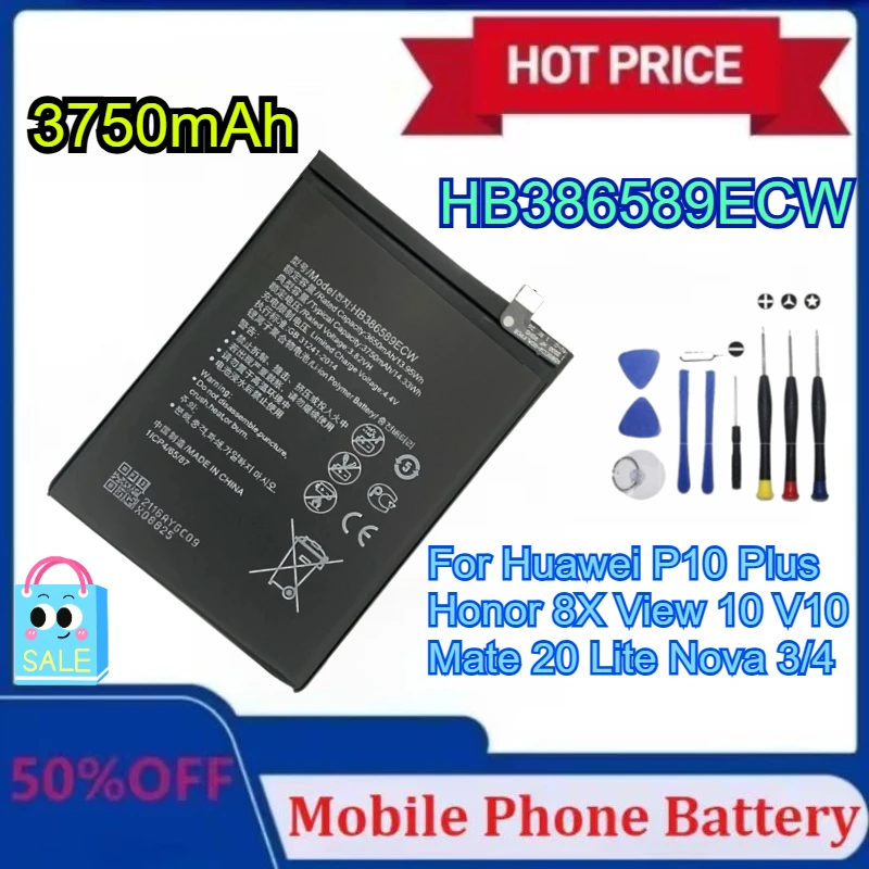 

Аккумулятор HB386589ECW емкостью 3750 мАч для Huawei P10 Plus Honor 8X View 10 V10 Mate 20 Lite Nova 3/4 с набором инструментов