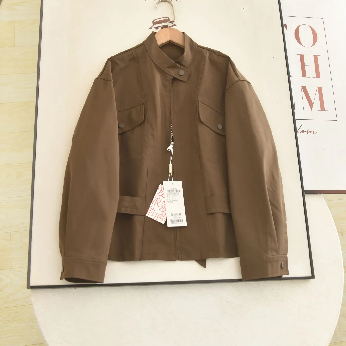 Vintage Brown Cargo Short Jacket For Women Stand Collar Placket Multi‑pocket Casual Outdoor Streetwear Ladies Cropped Outerwear