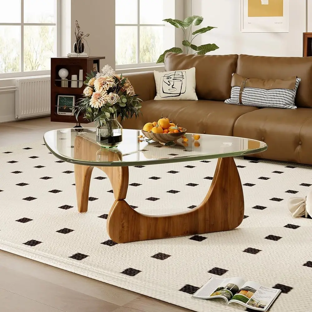 Mid-Century Modern Walnut Coffee Table with Clear Glass Top