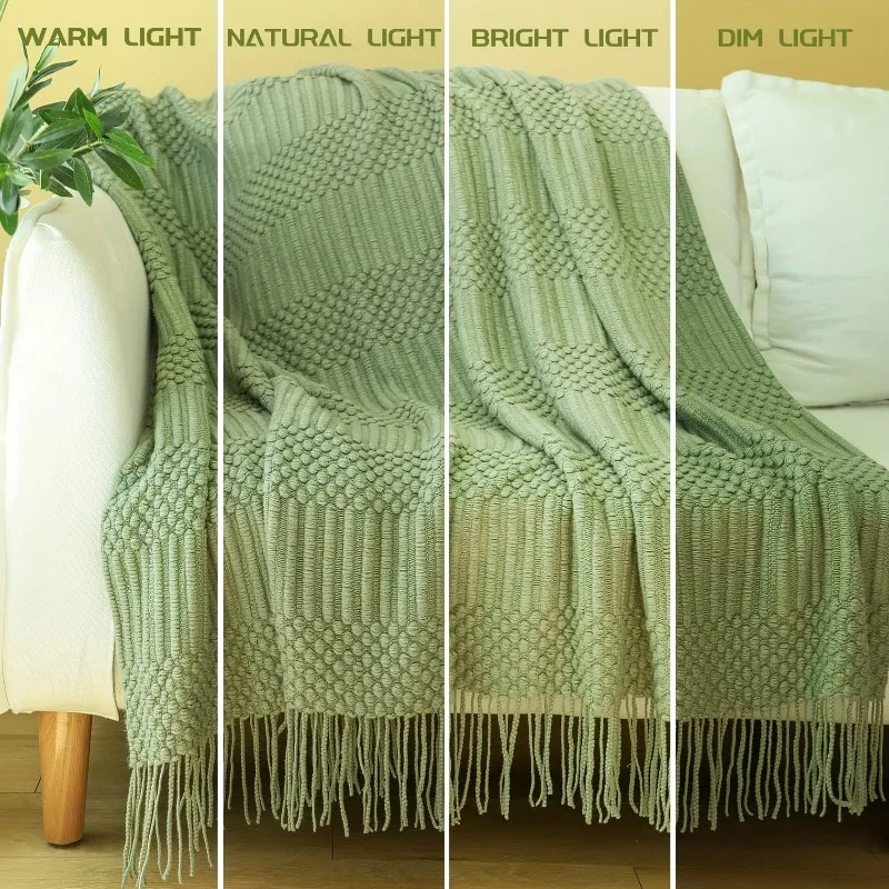 Textured Throw Blanket Soft Lightweight Knitted Tassel Solid Color Blanket Bed Sofa Comforter Thick Cover Throws Home Room Decor