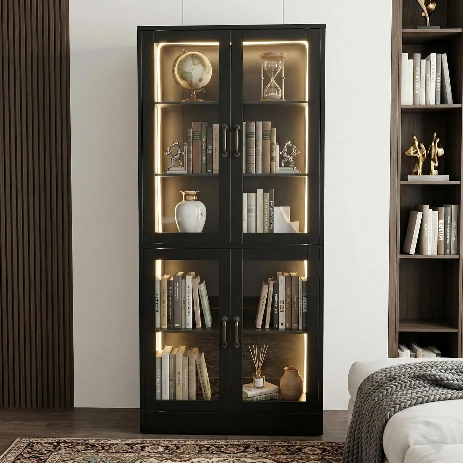 5-Tier Glass Door Display Cabinet LED Lights 65" Tall 4-Door Storage Bookshelf Living Room Home Office, Customized - view 4