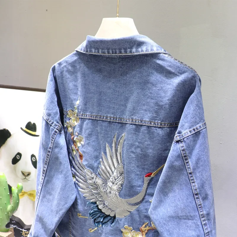 2023 Spring Autumn Loose-Fit Denim Jacket Handsome Boyfriend Wind Heavy Embroidery Pink Denim Jackets Women's Street Coat