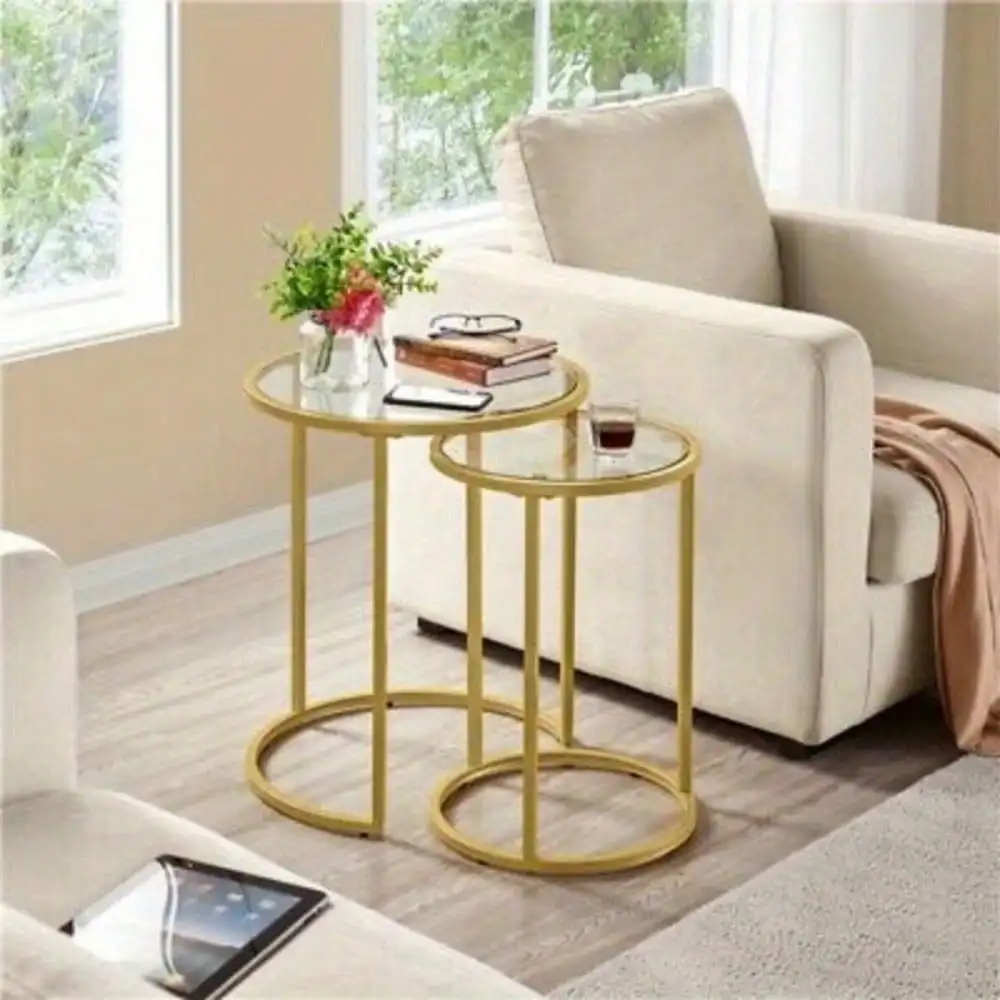 Round Nesting End Table Set of 2, Sofa Side Table with Metal Frame and Glass Top