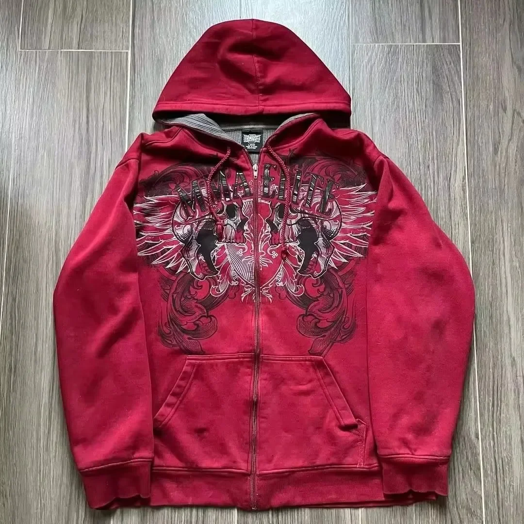 2000s Pure Cotton Red Men's Zipper Sweater Retro High Street Couple Hoodie Skull Snake Red Y2K Sports Coat