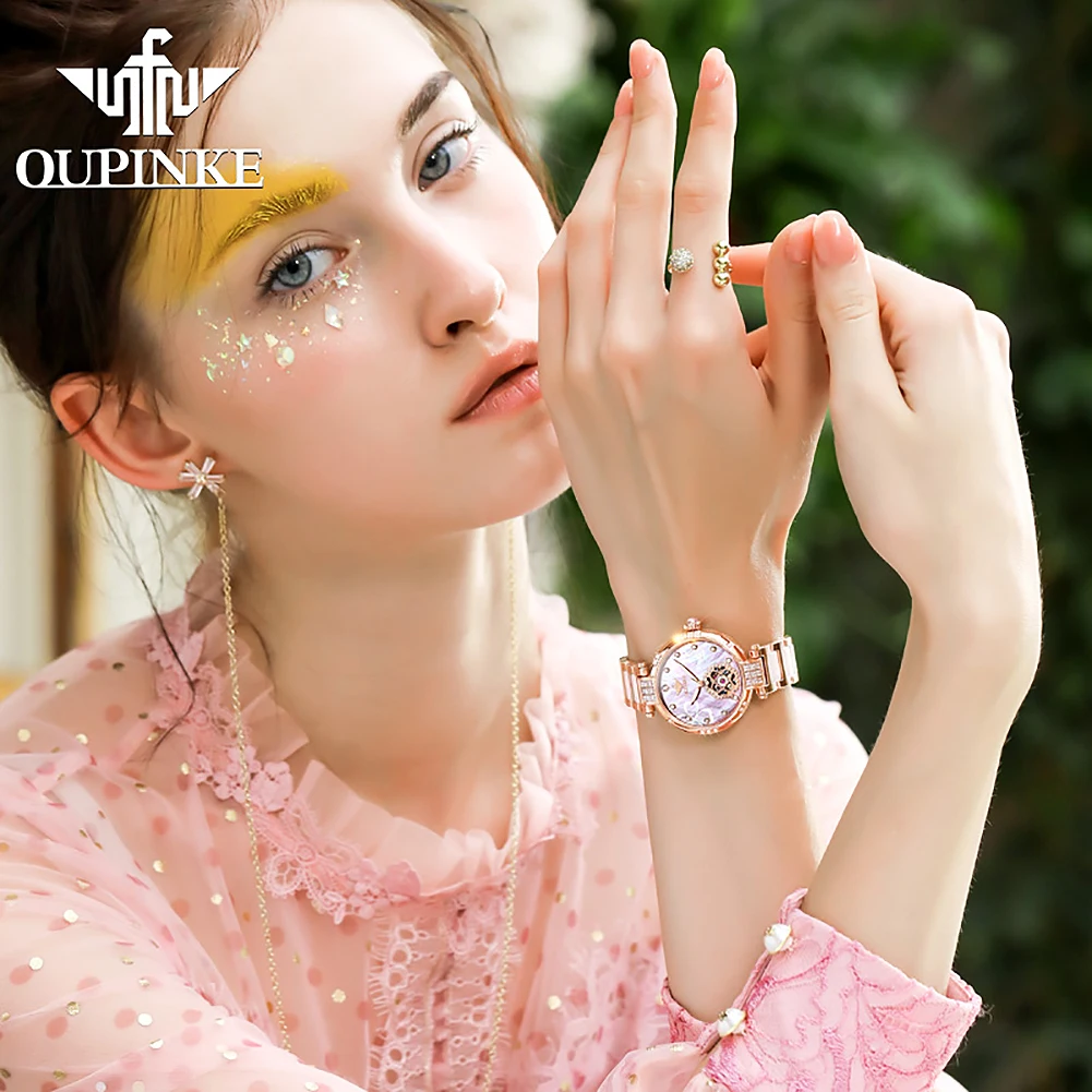 OUPINKE Factory الأصلي الهيكل العظمي موضة ساعة ميكانيكية فاخرة أنيقة حزام ساعة سيراميك الياقوت مرآة مقاوم للماء
