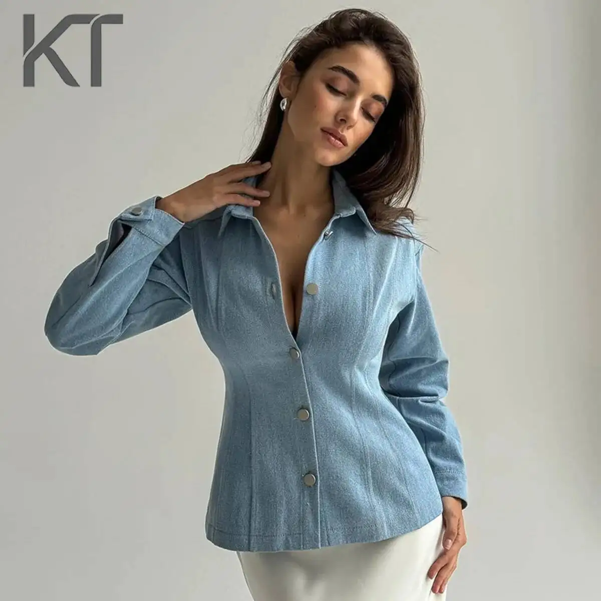 KT Vintage Waist Cinching Denim Shirt for Women Long Sleeve Button Down Slim Fit Blouse Casual Chic Daily Wear Spring Autumn