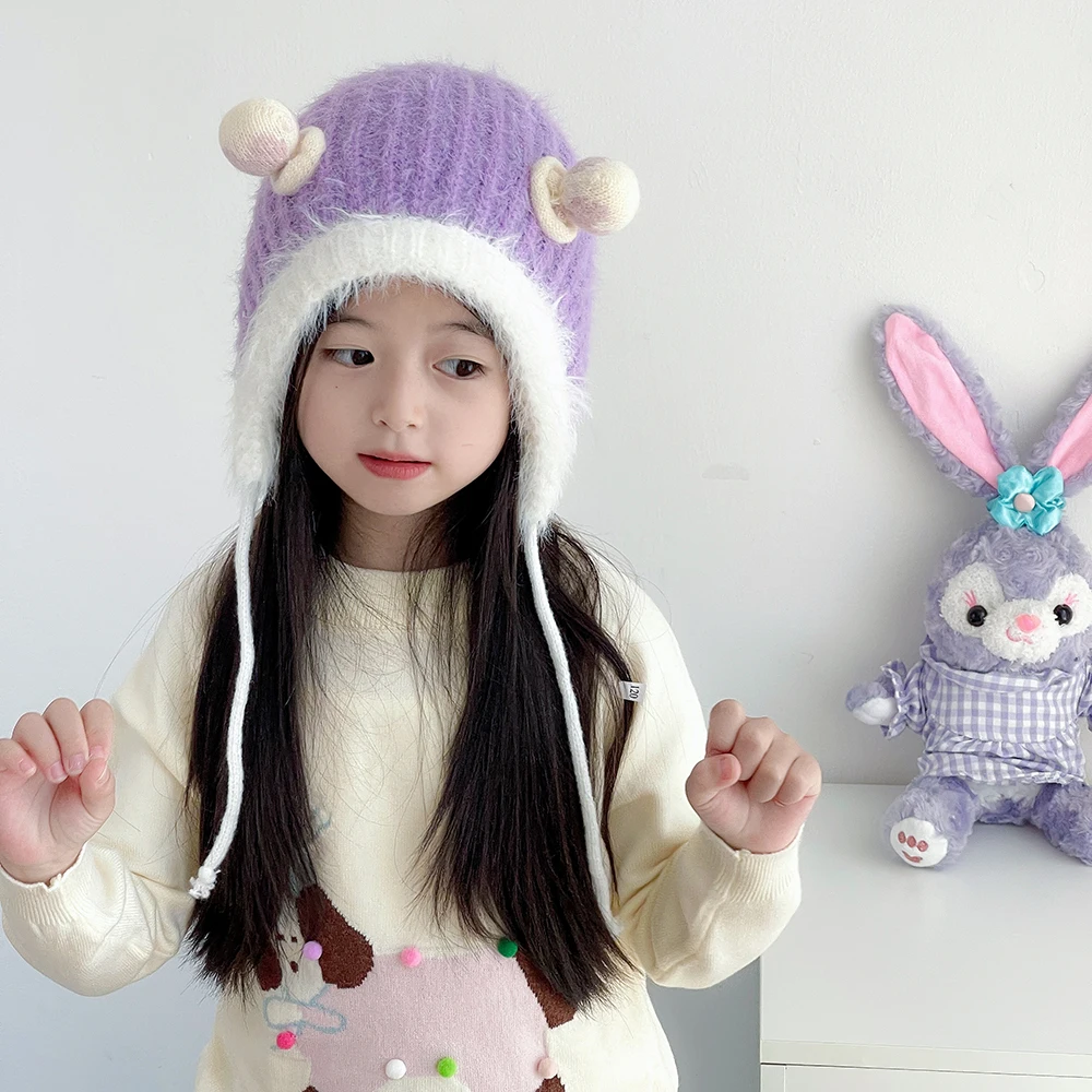 

2025 new mink wool knitted girls' hat autumn and winter cute western-style warm ear protection princess hat windproof