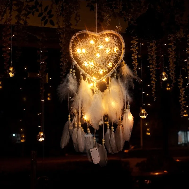 

1 Heart Shape Feather Dream Catcher with LED String Wall Hanging Girl Room Car Office Window Decor Party Wedding Decoration Gift