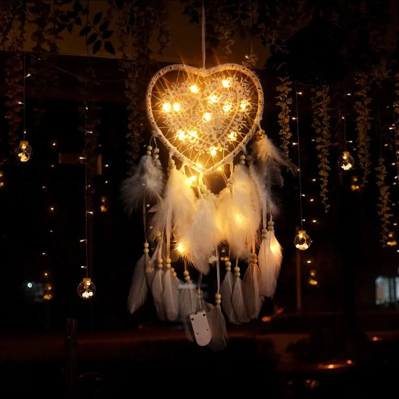 1 Heart Shape Feather Dream Catcher with LED String Wall Hanging Girl Room Car Office Window Decor Party Wedding Decoration Gift