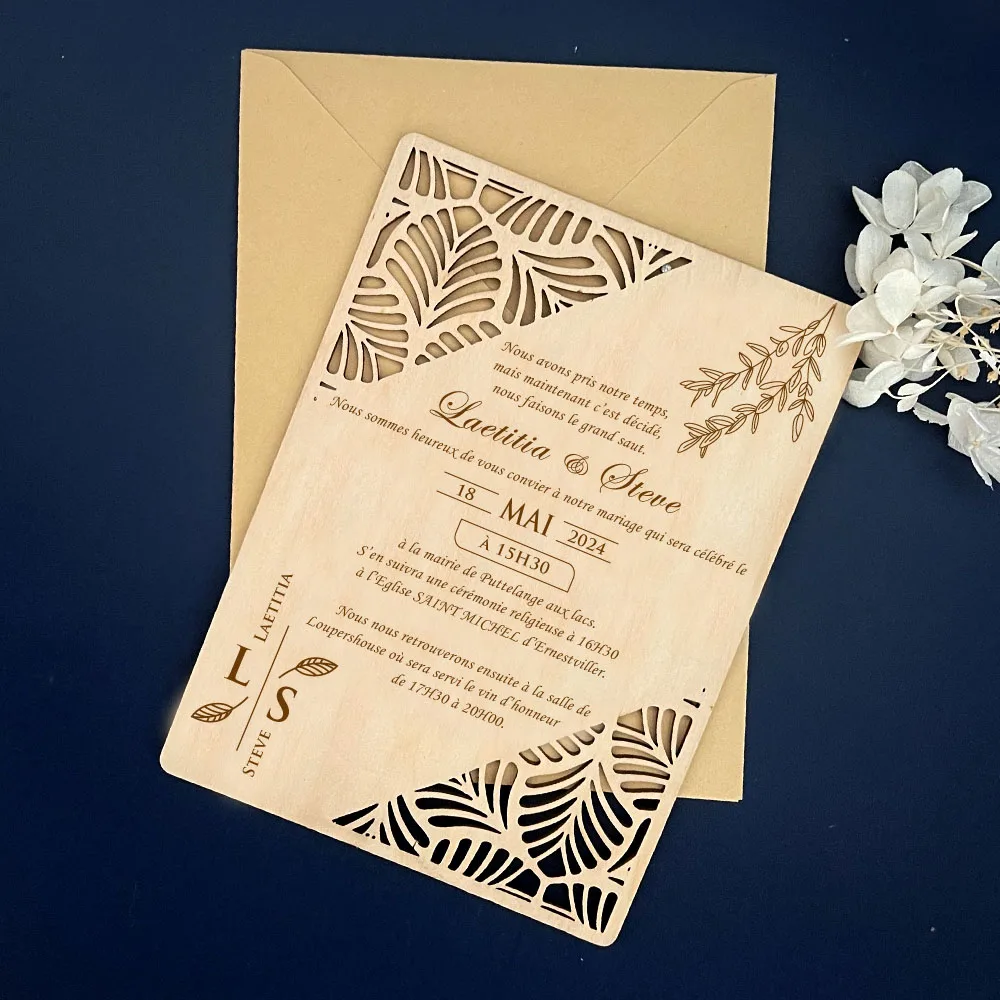 

10pcs Personalized Custom Wooden Invitations Party Engagement Party Invitations or Menus Laser Cut Wood with Envelopes