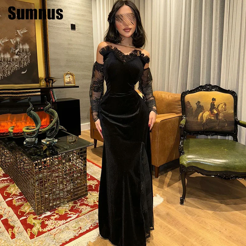 

Sumnus Elegant Mermaid Black Velour Prom Dresses Sweetheart Floor Length Evening Dresses With Lace فساتين سهرة Customized