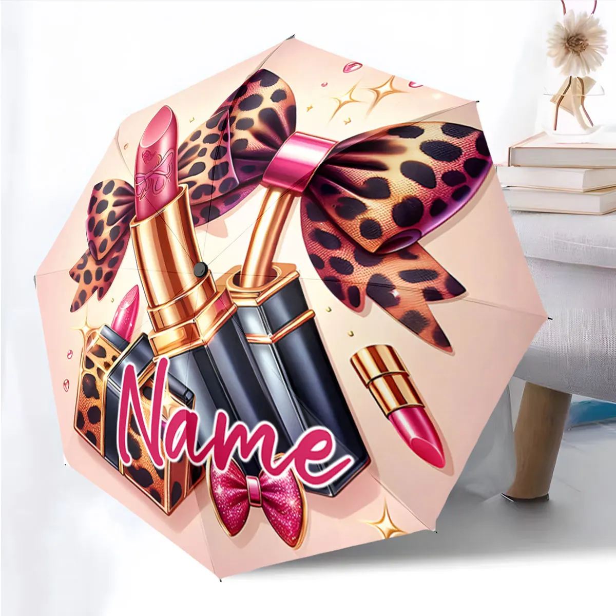 Custom Name Fashionable Umbrella with Leopard Print and Lipstick Print 8 Iron Ribs Folding Umbrella, Auto-Open Fashion Sunshade