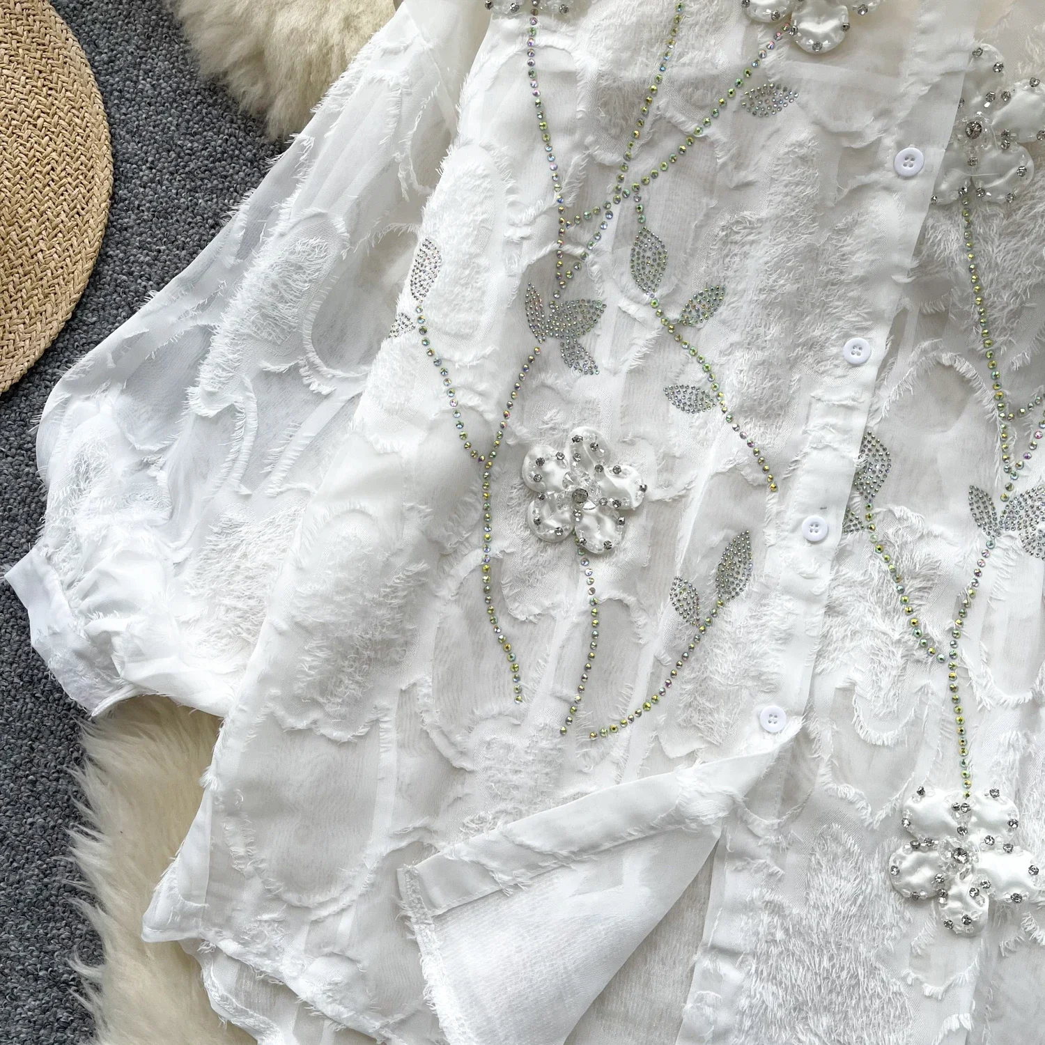 Vintage Turn-down Collar Embroidered Chic Rhinestone Three-dimensional Floral Top Women Streetwear High Street Autumn Blouse
