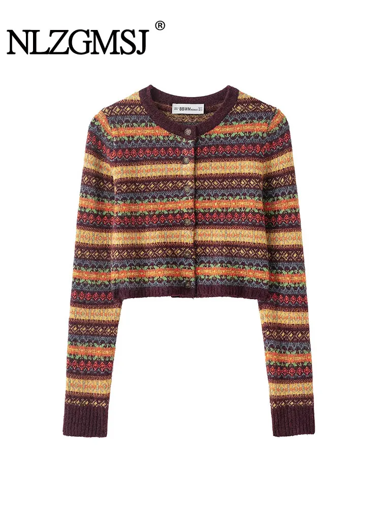 

NLZGMSJ женский осенний новый жаккардовый вязаный свитер с круглым вырезом и длинными рукавами, элегантный короткий женский кардиган для девочек