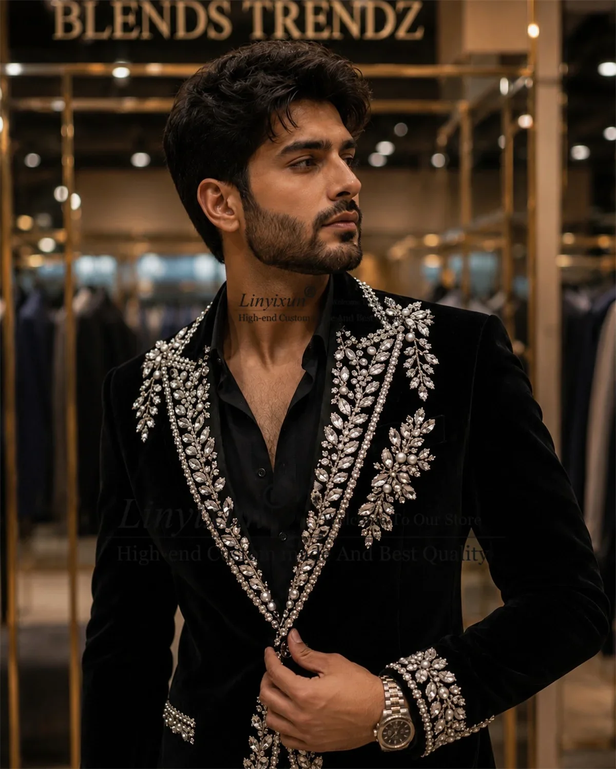

Fashion Men Suit for Wedding Slim Fit Crystals Diamond Customized Male Prom Party Blazers 2 Piece Set Groom Tuxedos Outfit