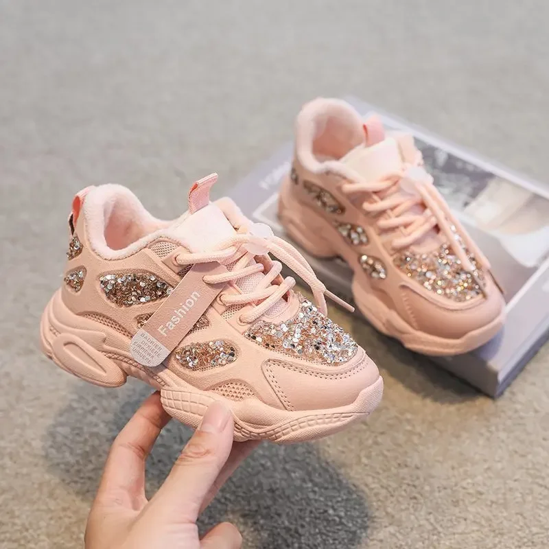 

4-6Y New Girls' Sports Shoes Anti Slip Soft Sole Sequin Shinny Butterfly Cute Tennis Running Shoes Princess Shoes for Baby Girls