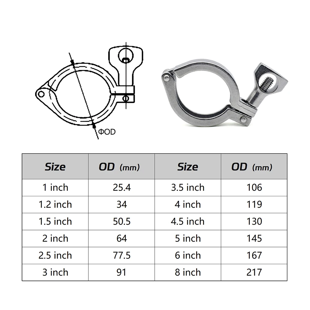 304 Stainless Steel Sanitary Tri Clover Clamp, Quick Release Tri Clamp Ferrule Clamp, Sanitary Pipe Fitting Ferrule OD 130~217mm