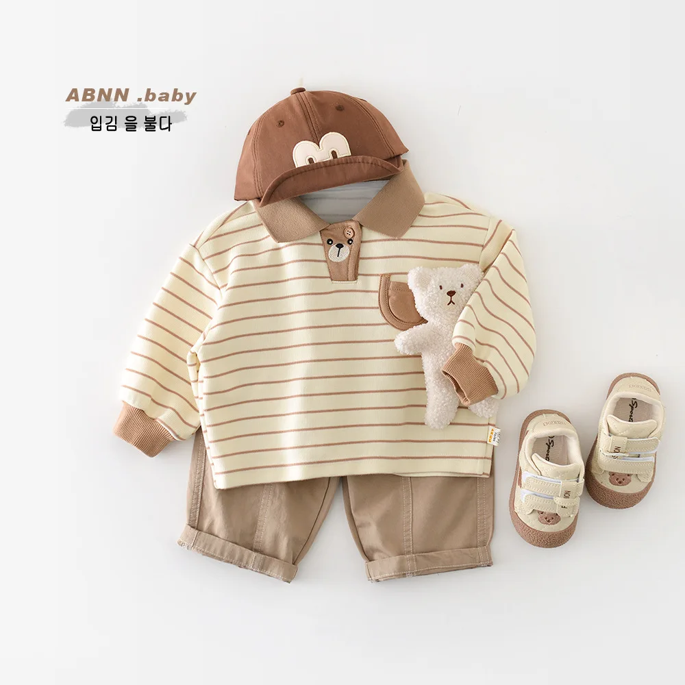 2026 Spring New Baby Long Sleeve Striped Sweatshirt Cotton Infant Girls Casual Lapel T Shirts Boys Polo Shirts Toddler Clothes