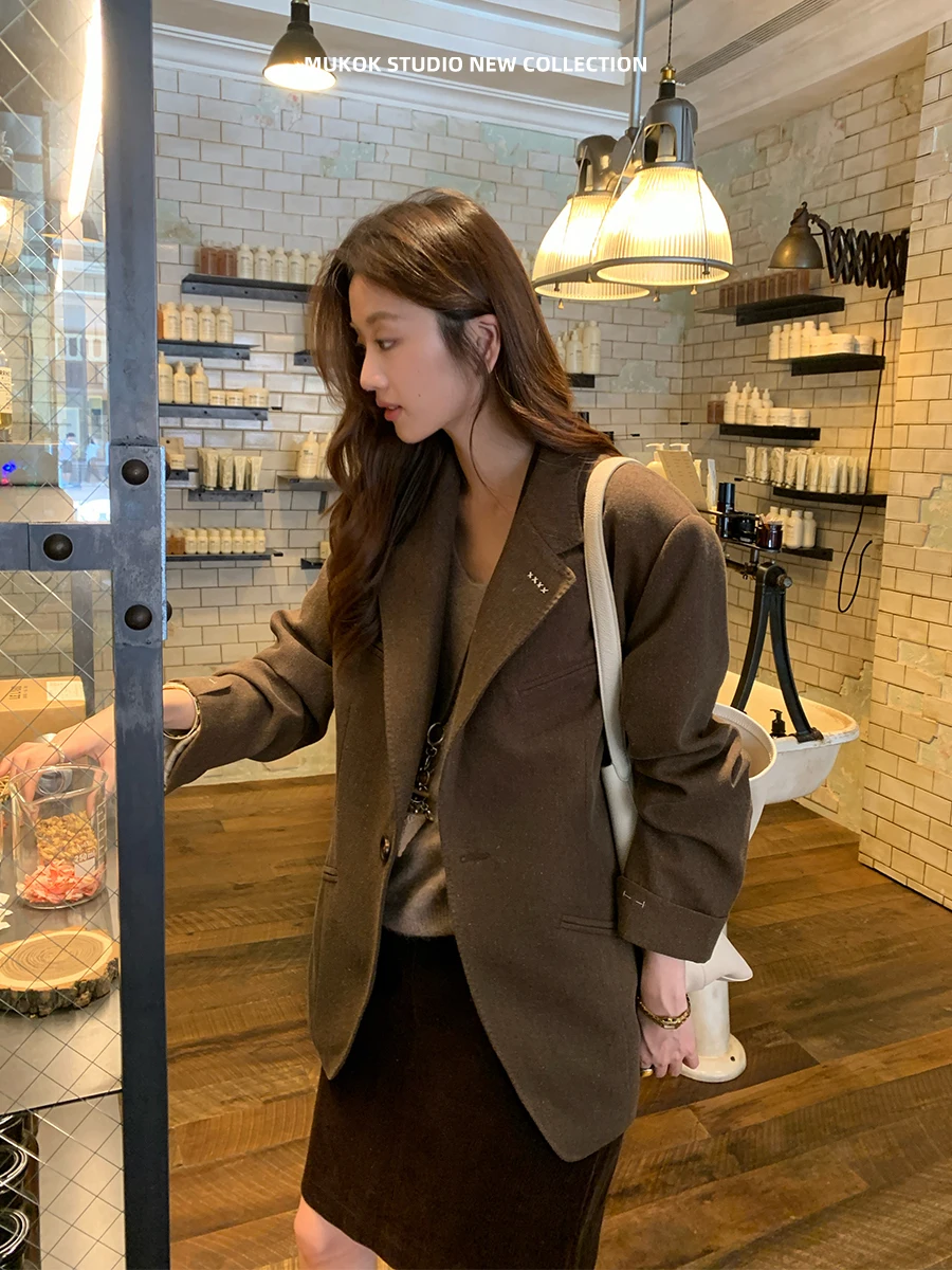

MUKOK l Linen Material Embroidered Wide oulder Suit Jaet Old Money Sle Long Sve Commute Friendly Women's Coat