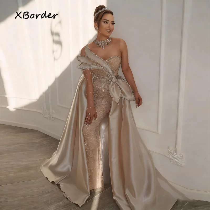 Vestidos De Noche personalizados con cuello alto, sirena con lentejuelas brillantes y diamantes De imitación para mujer, Vestidos De Fiesta con tren desmontable personalizados