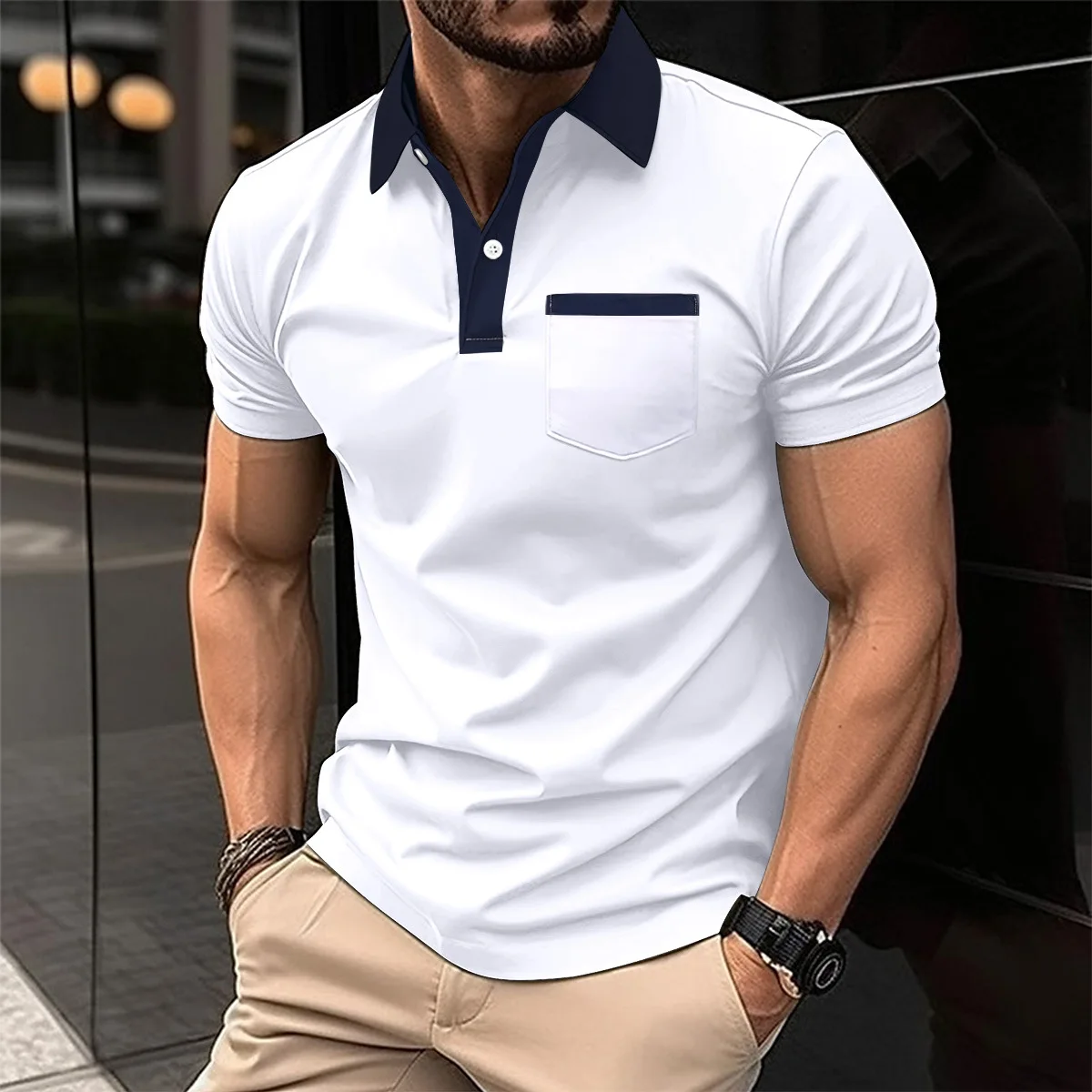 2025 new men's lapel fashion slim T-shirt pocket color matching short-sleeved men's solid color T-shirt POLO shirt