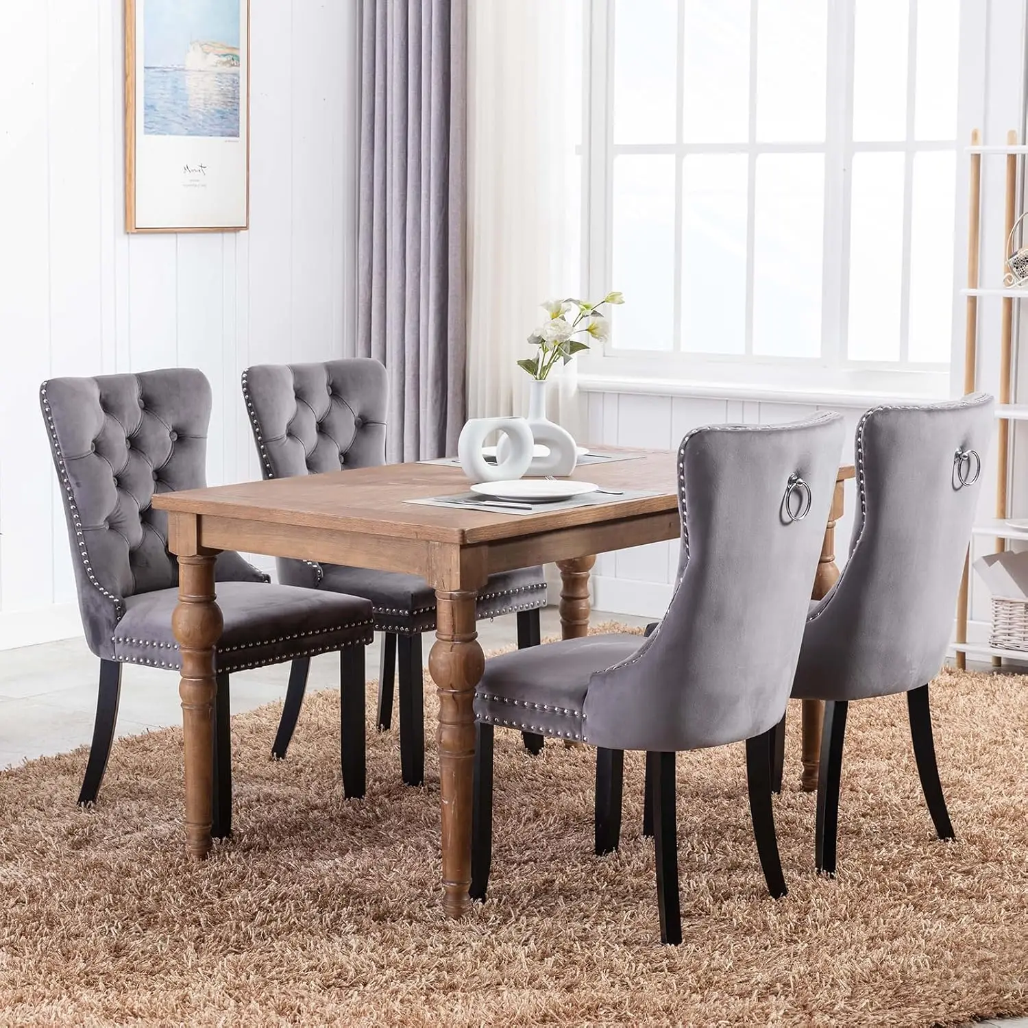 Chairs Set of 4,Upholstered Dining Chairs with Ring Pull Trim and Button Back,Modern Seating for Kitchen, Bedroom & Living Room(