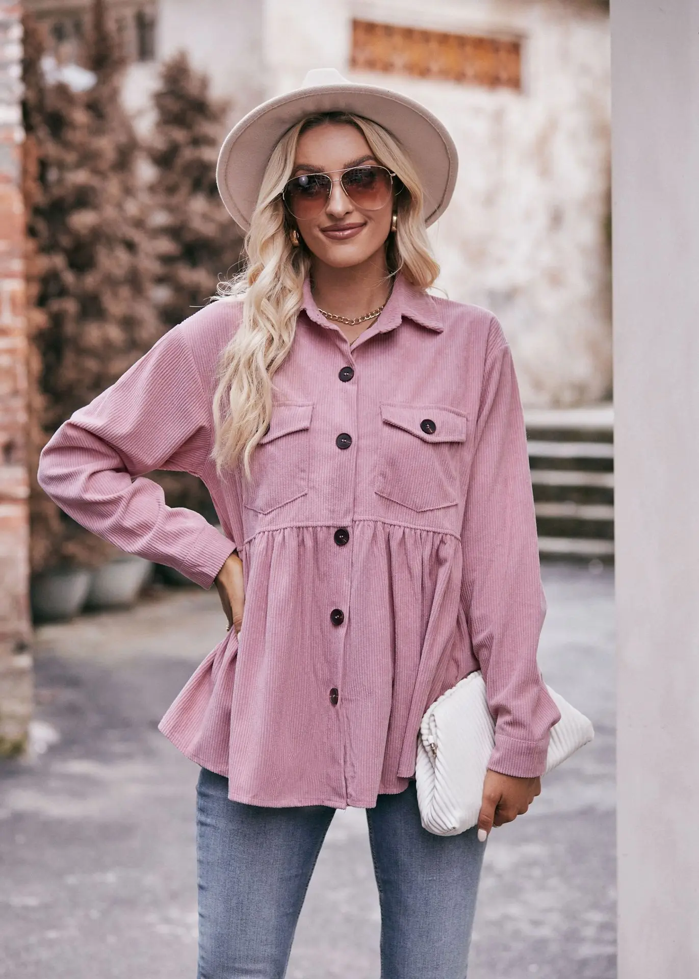 

New Women's Corduroy Shirt Long Sleeve Button Cardigan Fashion Pocket Lapel Top Autumn and Winter Casual Blouses