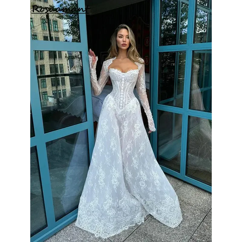 Gaun pernikahan A-line kekasih elegan dengan jaket renda applique boho country kustom Pancuran pengantin