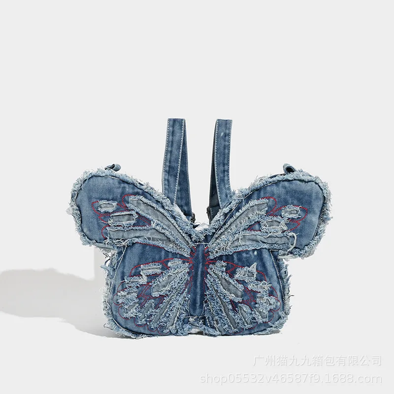 

New trendy and personalized washed denim bag butterfly shaped bag punk denim bag shoulder bag diagonal cross backpack