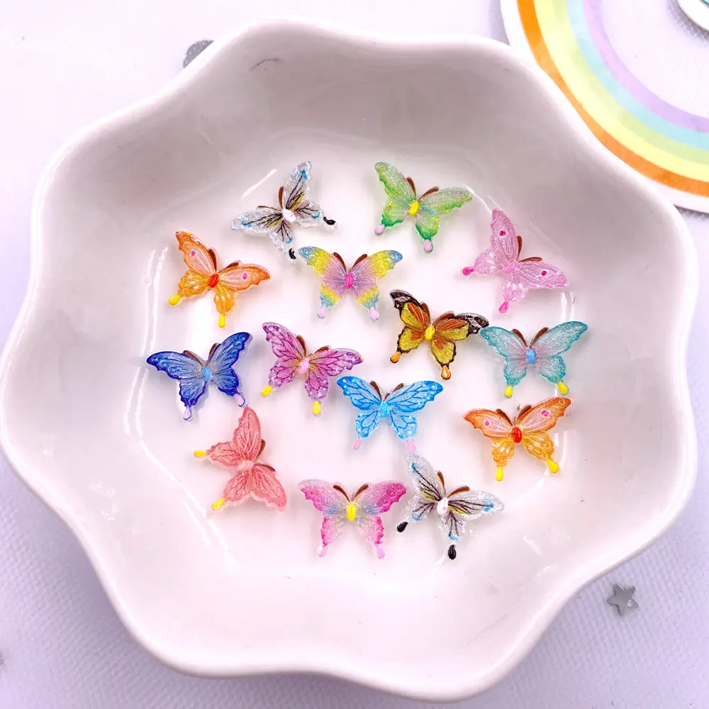 50pcs Glitter Resin Colorful Mini Crystal Butterfly Nail Art Flatback Rhinestone Figurines DIY Miniatures Scrapbook Decor Crafts