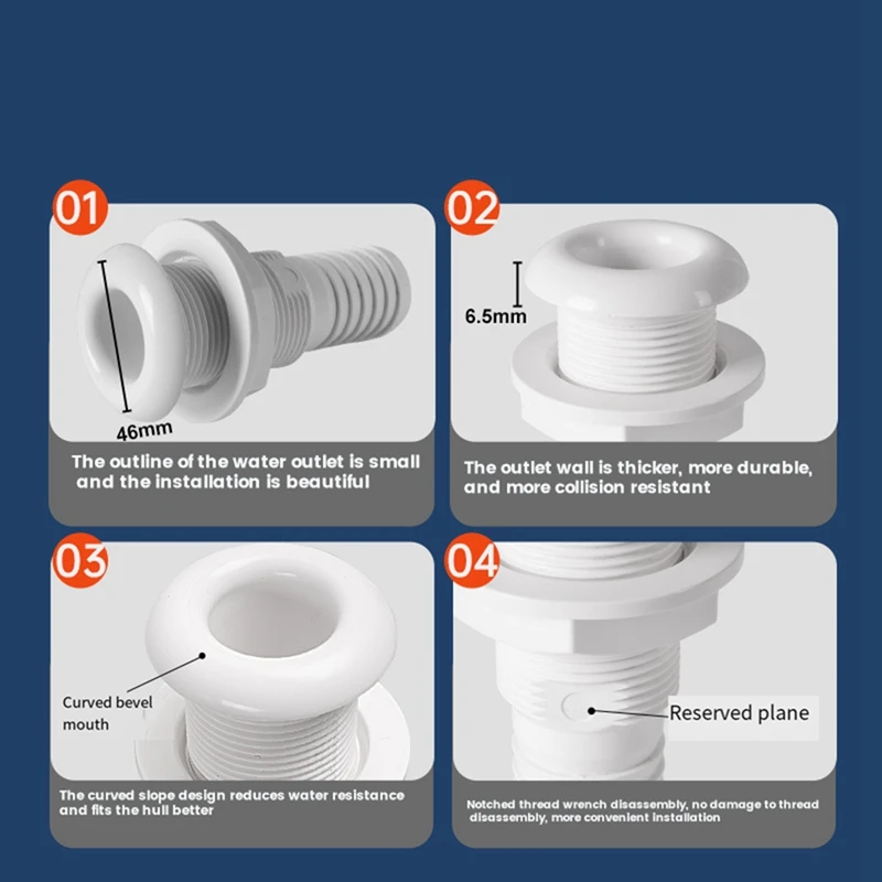 Marine Boat Thru Hull Fitting Connector For 5/8, 3/4, 1 Inch Hose Boat Drain Bilge Pump Plumbing Fittings