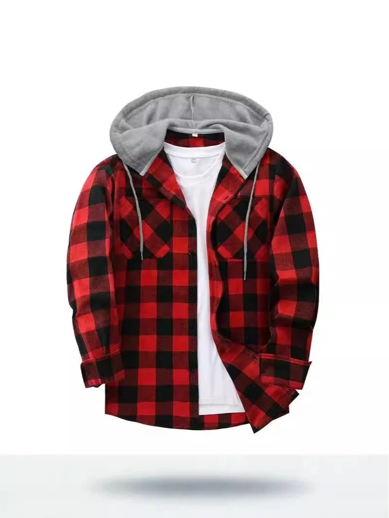 

Мужская повседневная фланелевая палатка с капюшоном в клетку, двойная свободная посадка, длинный све, теплая хлопковая весна-осень-зима irt