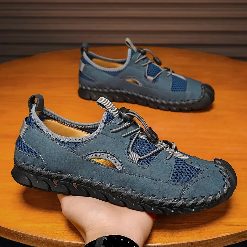 

New Summer Men's Sandals Breathable Hand Sewing Large Size Soft Bottom Hollow out Casual Beach Shoes PU Leather Insole Rubber Ou