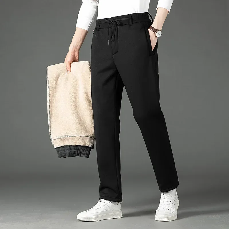 Winter Thickened Warm Men's Trousers Middle-aged Elderly Lambskin 2024 Sweatpants Plus Size Cotton Pants Pants Fleece-lined